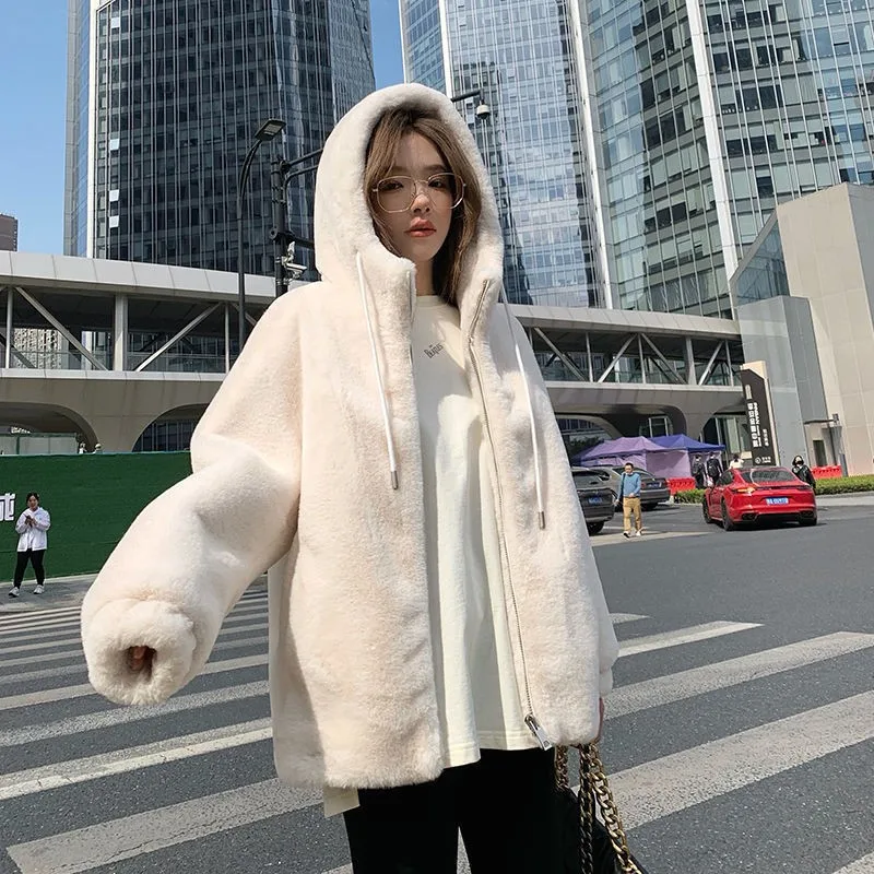 2022 New Winter Women's Lamb Wool Thick Coat Fashion Women's Loose Thick Coat Pure Color Women's Winter Temperament Wool Coat
