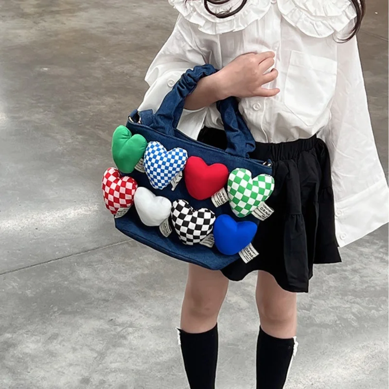 Love Heart Lattice Parent-child Canvas Fashion Shoulder Bags 2022 New Girl Boy Korean Style Personalized Cute Handbag All-match