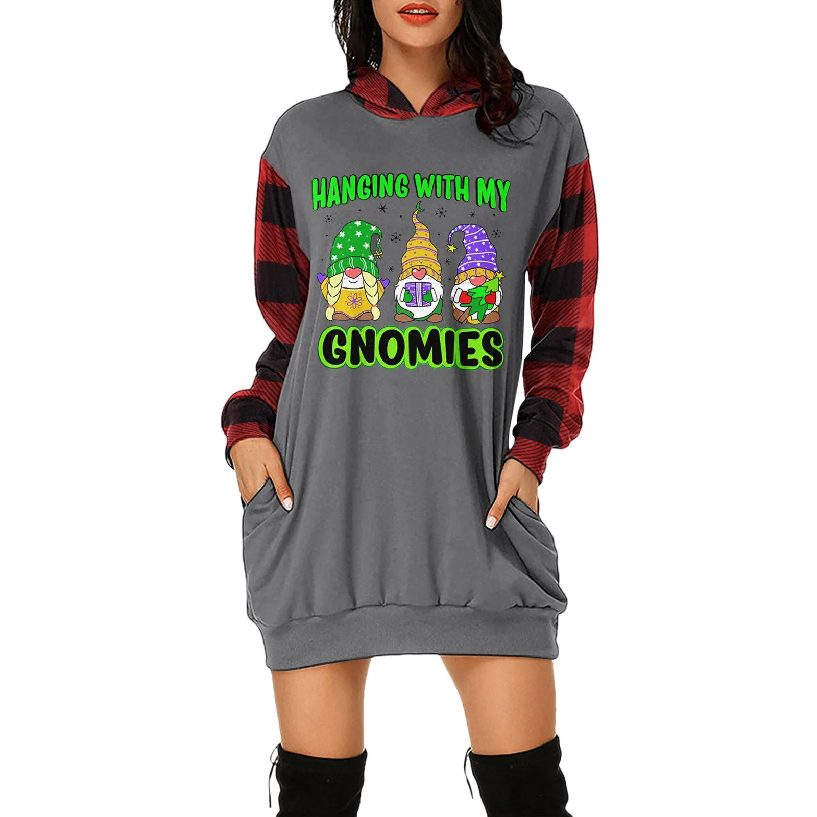

Women's Casual Christmas Hooded Sweatershirts Long Sleeve Letter Gnome Oversized Midi Pullover Dress with Womens Dresses Wrap