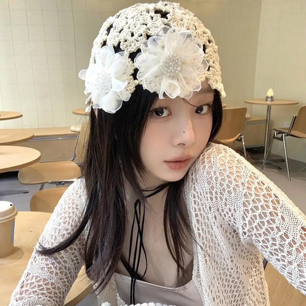 Корейская вязаная шапка с цветочным узором для девочек модная однотонная
