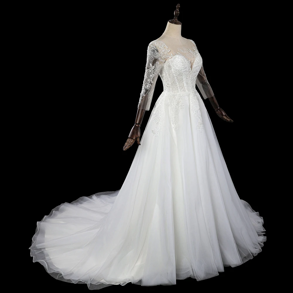 Фото Элегантные простые кружевные свадебные платья с длинными рукавами, на пуговицах, А-силуэт, с сексуальным боковым разрезом, для торжественных мероприятий, серьги женские №5
