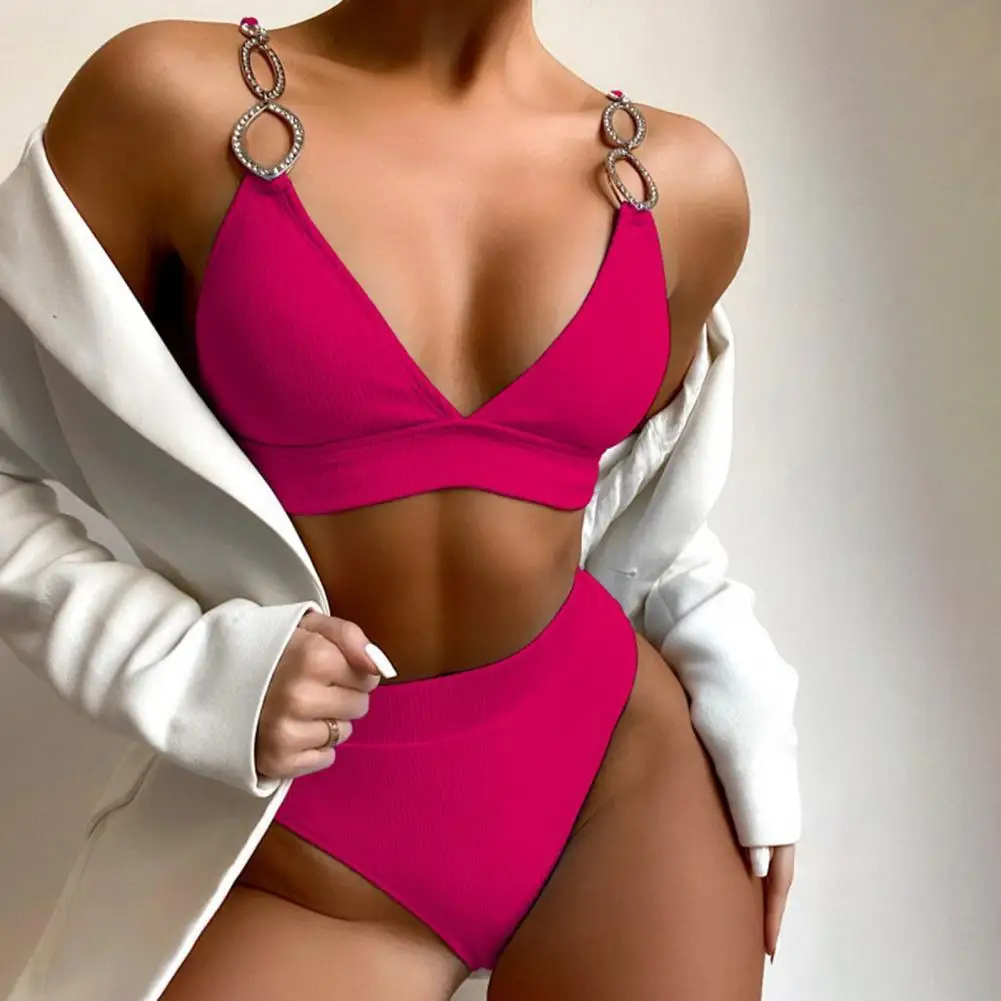 

Women Fashion Metal Connect Bikini Sets High Cut Swimsuit Sexy Femme Push Up Two Pieces Swimwear Brazillian Style Beachwear