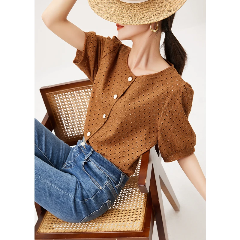 

Streetwear Women Fashion Cotton Woman Shirts Sweet Hollow Out Puff Sleeve Single Breasted Natural Fiber Dropshipping