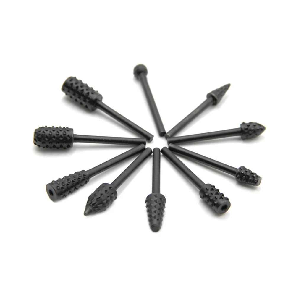 10pcs 3mm Shank Rotary Burr Rasp Set Carbon Steel Wood Carving File Drill Bits Mini Round Burr Wood Carving File Rasp Power Tool