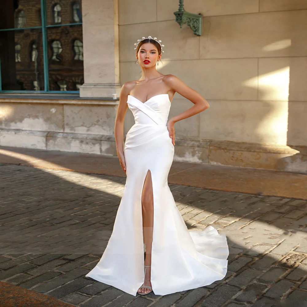 

Strapless Bridal Gowns 2022 Lace-up Off The Shoulder Backless Wedding Dresses Simple Mermaid Detachable Train Vestido De Noiva