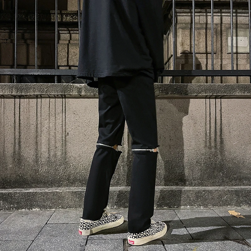 Korean Slim Fit Ripped Jeans Pants for Mens Summer Fashion Trends Gothic Streetwear Bottoms Teens Leg Patchwork Denim Trousers