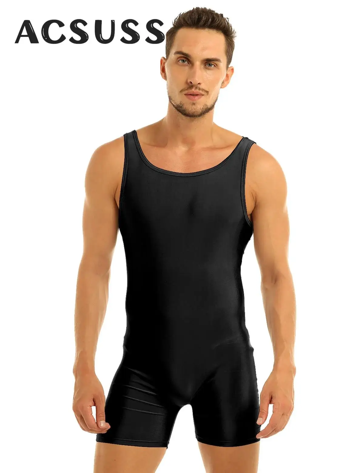 Мужской цельный трико без рукавов боди нижнее белье однотонный эластичный