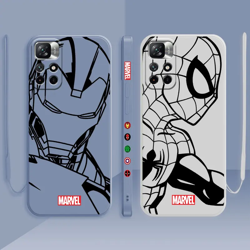 

Square Liquid Case For Redmi Note 9S 9 10 10T 11 11T 8 Redmi K40 9A 8 9C 9T Full Lens Cover Marvel Iron Man Spiderman Comics