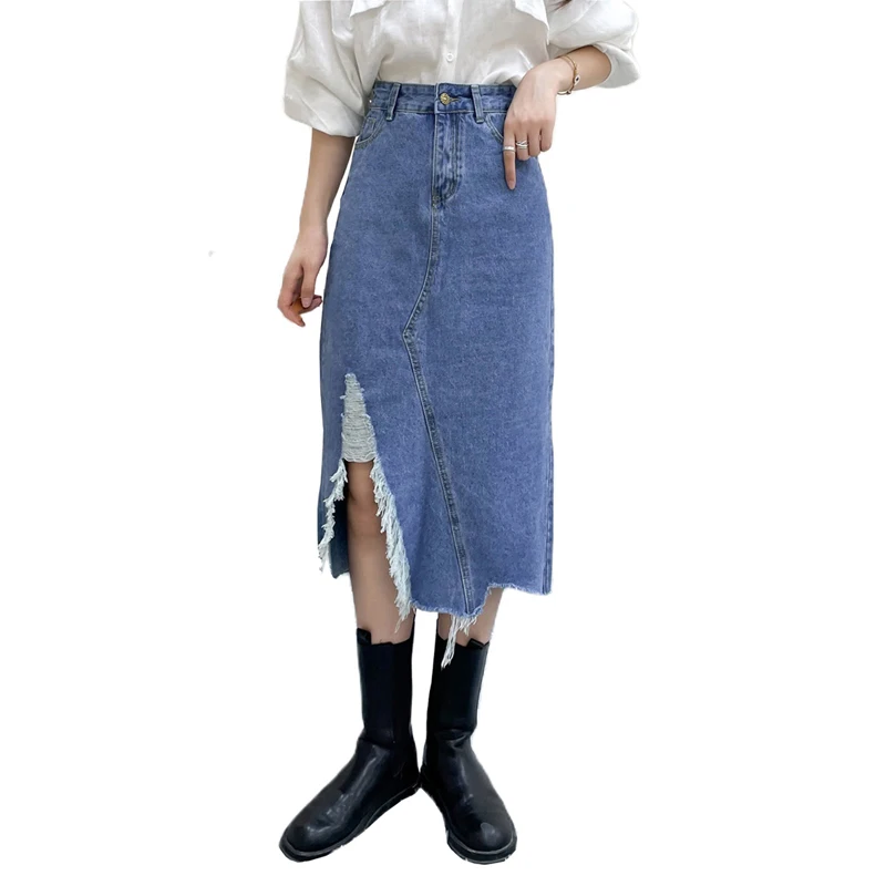 

Kayotuas Women Skirt Straight Blue Denim Button Down High Waist Split Bodycon Ripped Hole Fashion Chic Streetwear