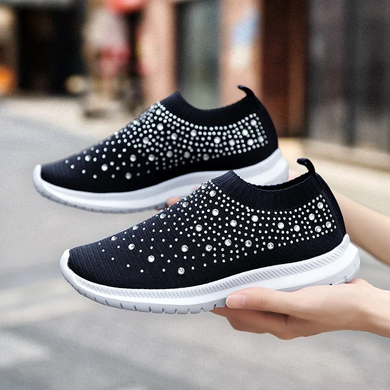 Women Casual Sneakers Knitted Flats Loafers Ladies Slip-on Sock Shoes Women's Luxury Crystal Vulcanized Zapatillas Mujer
