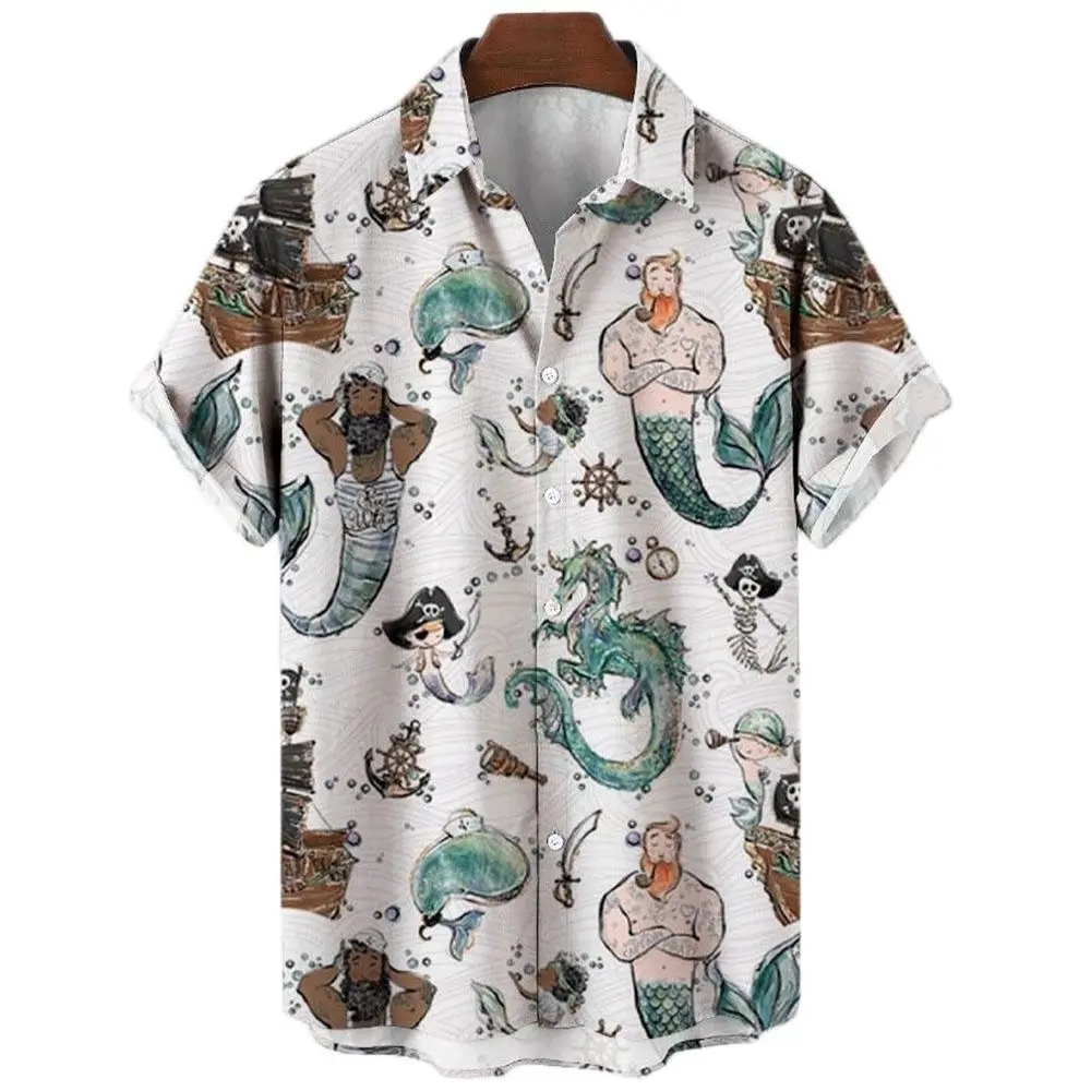 2022 Summer Retro Fashion Mermaid Shirt 3D Hawaiian Shirts Men's Shirt Casual Short Sleeve Loose Breathable Shirts Top