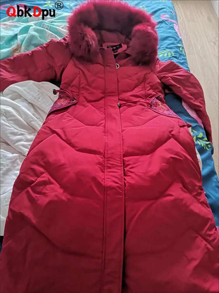 

Winter Snow Wear Padded Jacket Slim Women's Cold Coat Elegant Embroider Casaco 2023 Thickened Faux Fur Collar Hooded Long Parkas