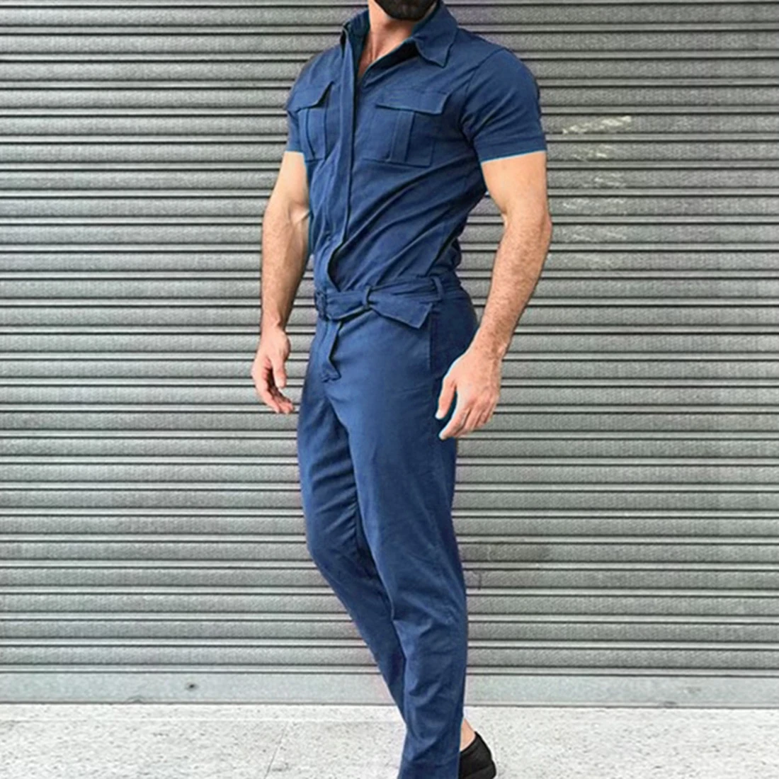 Zipper Romper Pocket Trousers Cotton Blends Jumpsuit Mens Overalls Casual Notched Short Sleeve Rompers Solid Overall Clothes