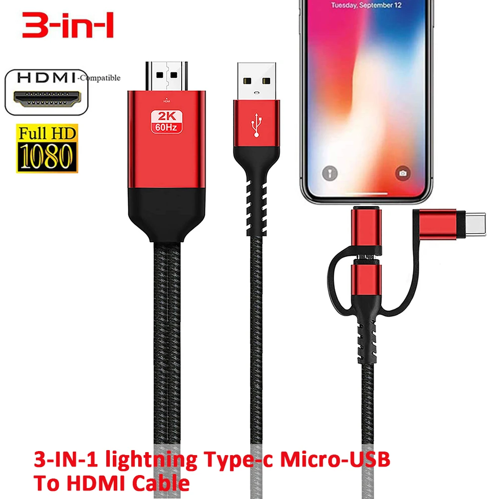 

3 in 1 HDMI Cable Adapter USB C/Lightning/Micro USB MHL to HDMI Mirroring Phone to TV/Projector/Monitor HDTV 1080P For iPhone