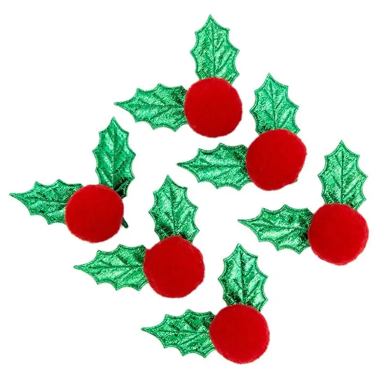 100pcs Metalic Green Christmas Holly Leaf w/ Red Berry Pompom Santa Holly Ornament for Xmas, Party Decoration, DIY Craft Supply