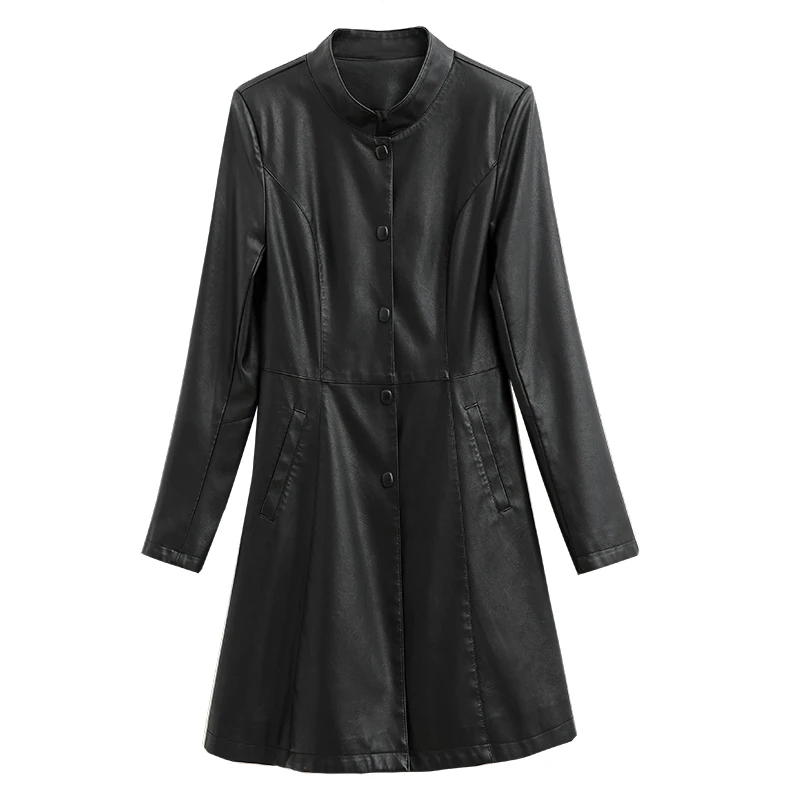 Women Leather Trench Coat 2022 New Autumn Winter Single Breasted Faux Sheepskin Leather Coat Long Black Red Outwear