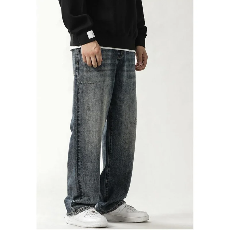 Streetwear Men 2022 New Pattern Vintage Recreational Blue Pants Straight Cylinder Comfortable Loose Large Jeans Autumn Female