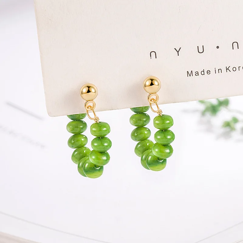 Серьги с зелеными бусинами золотого цвета геометрические богемные корейские