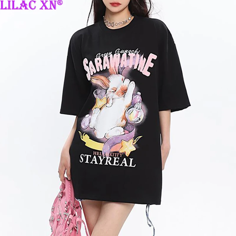 Y2K модная свободная футболка с мультяшным принтом кролика надписью для женщин