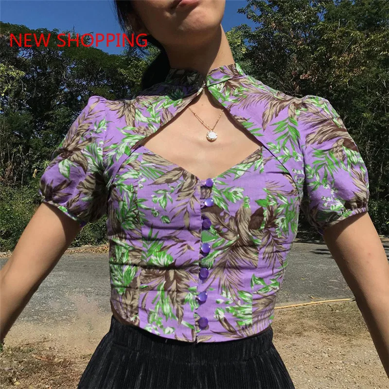 

Purple Gothic Vintage Print Crop Top Summer Clothes for Women Corset Sexy Cut Out Short Sleeve Button Up T Shirts 90s Aesthetic