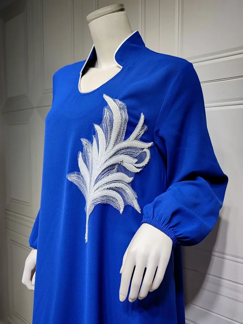 Appliques Abaya Arabian Long Dress Women Elegant African Dresses Muslim Loose Modest Robe Islam Dubai Saudi Ramadan Kaftan Blue