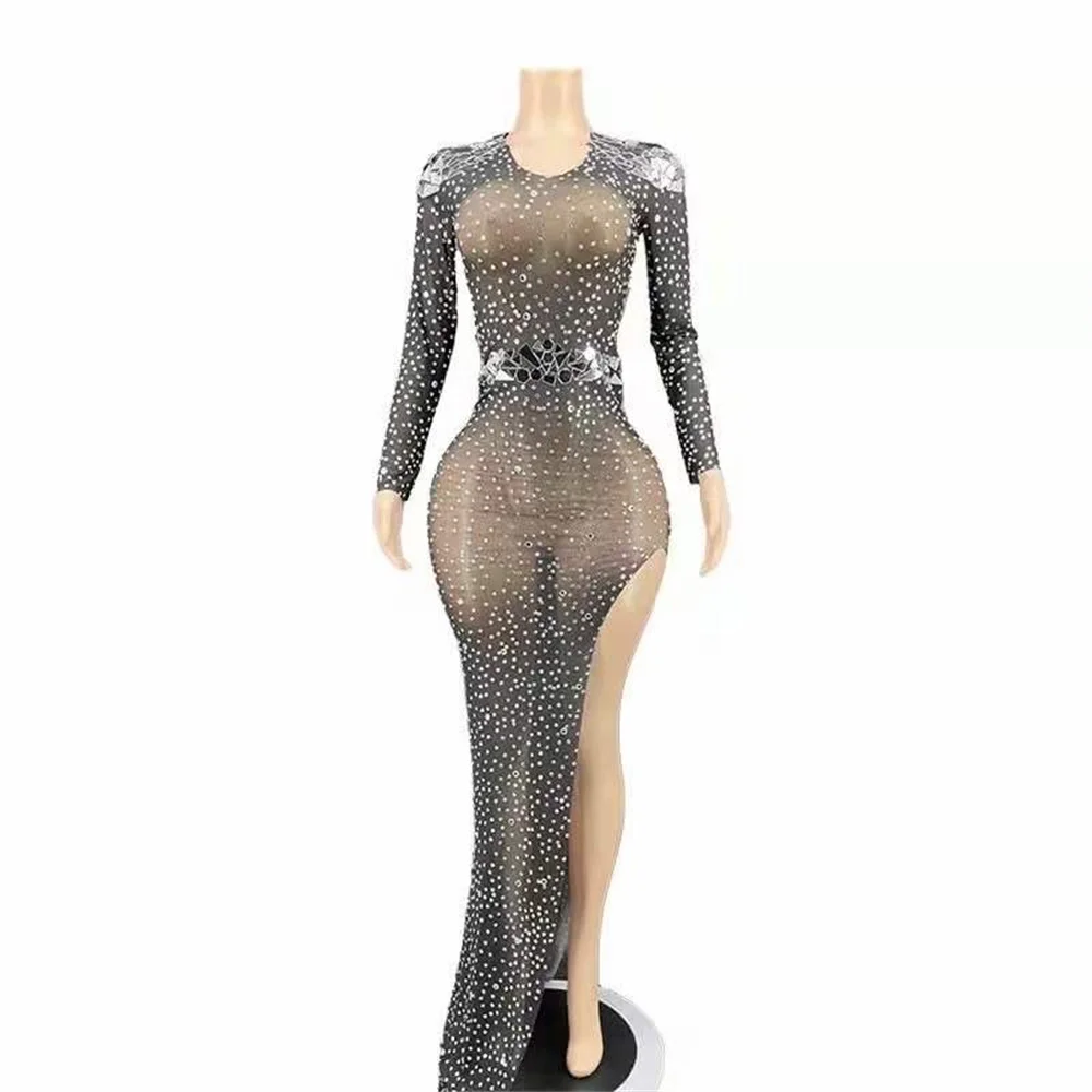

Perspective Black Shining Mirror Sequins Rhinestones Long Sleeve Sexy Women Dress Evening Banquet Clothing Stage Singer Costume