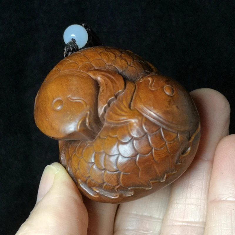 YIZHU CULTUER ART H 5.5 CM Chinese boxwood hand carved two fish carp statue wealth netsuke pendant collection Gift images - 6