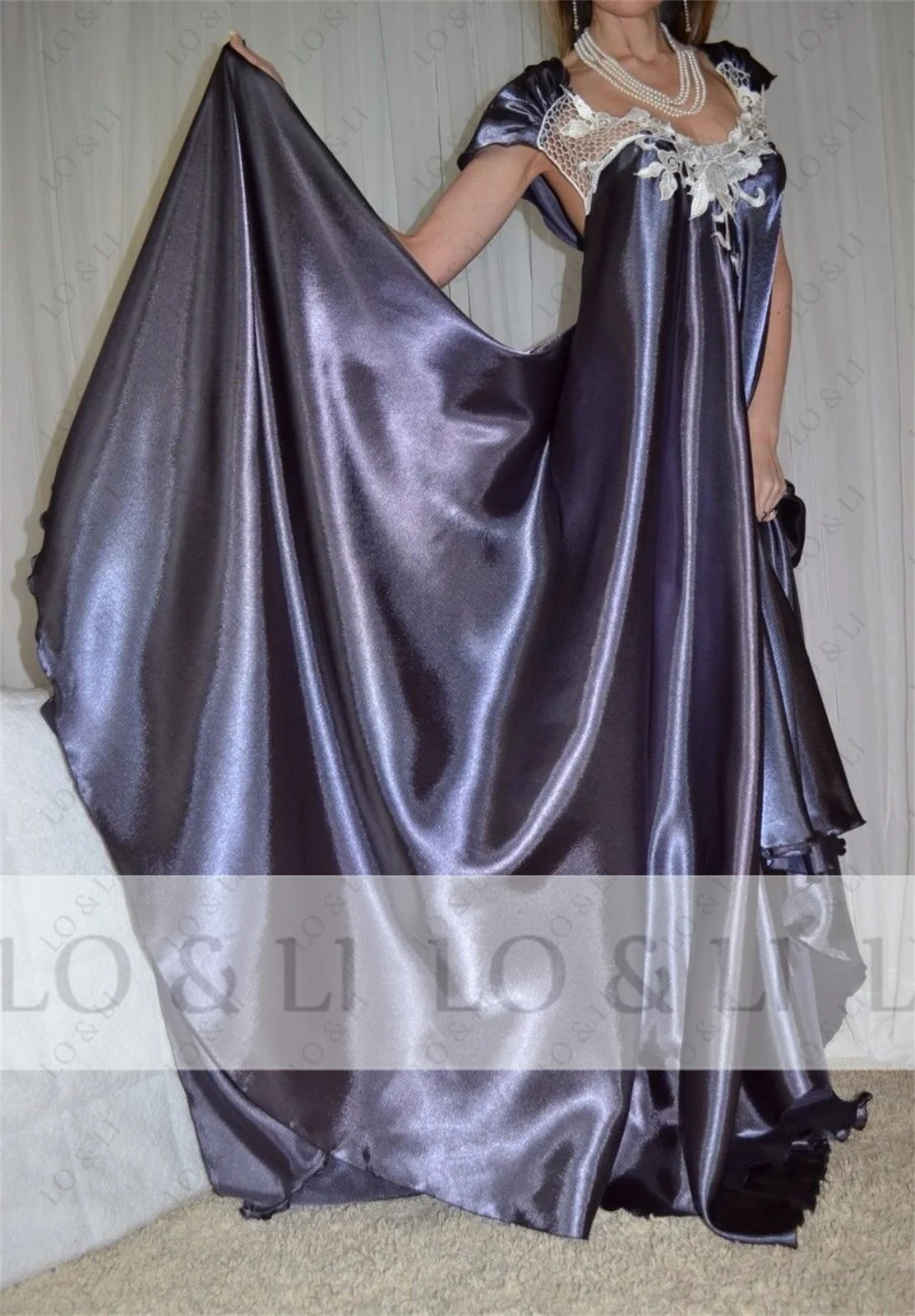 LO &amp LI винтажная пыльно-синяя атласная с аппликацией для церемоний женская