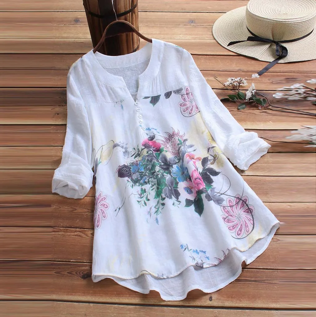 

Women Vintage Floral Printed Button Shirt Casual Loose V Neck Long Sleeved Shirt Elegant Temperament Beach Vacation Blouse