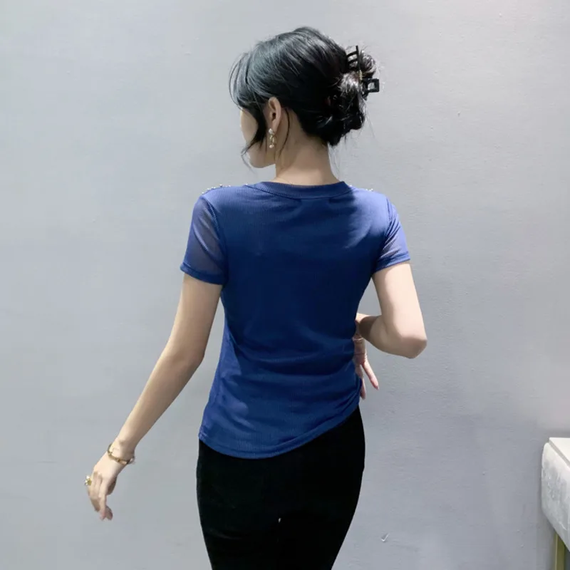 # 5355 Сексуальная сетчатая футболка с коротким рукавом Femme круглым вырезом в