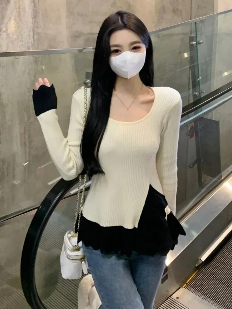 Y2K асимметричный вязаный свитер пуловеры черный Sueter Mujer винтажная туника с