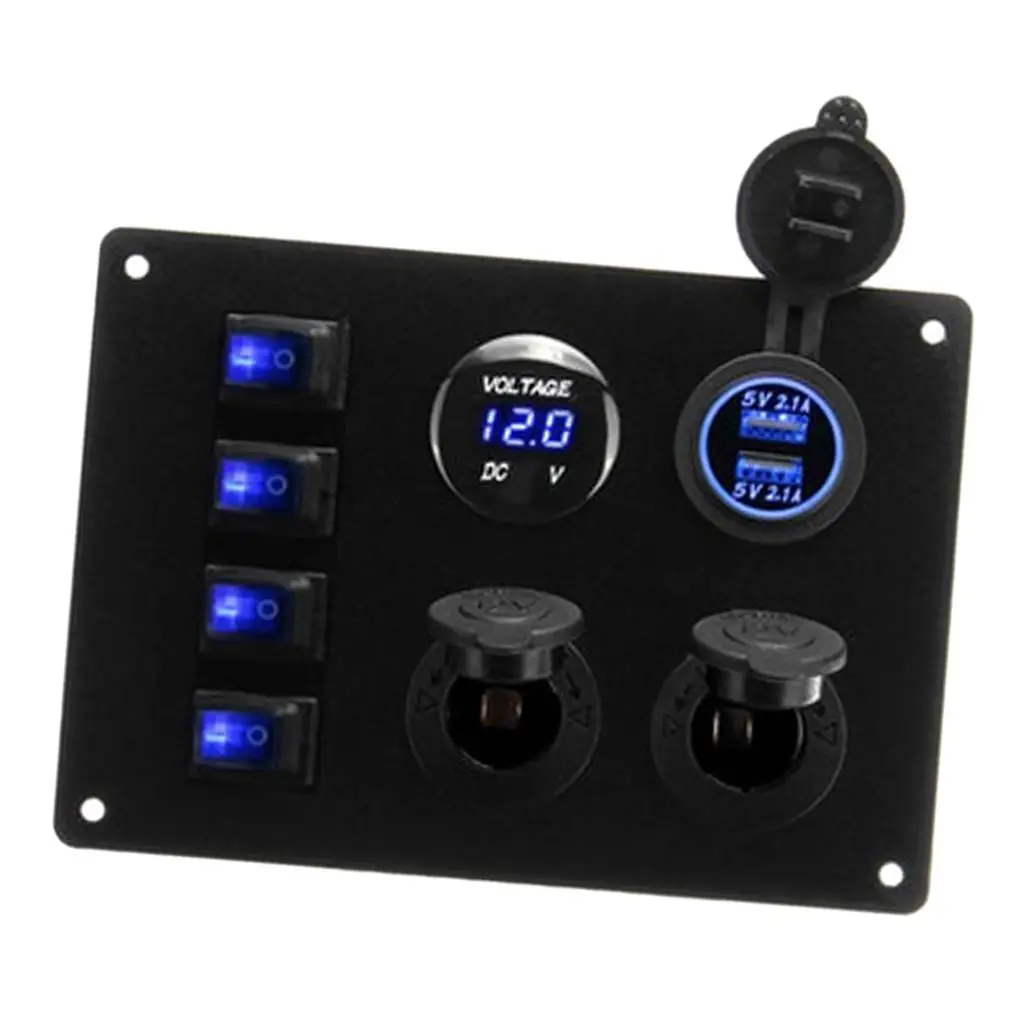 

Rocker Switch Panel with 2.1 Amps Dual USB Rocker Style with Integrated Voltmeter, Blue Backlit Led, Pre-