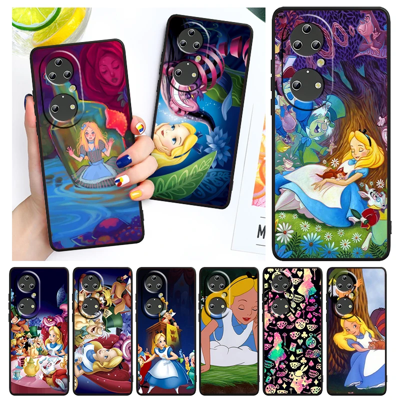 

Cat Alice in Wonderland Phone Case For Huawei P50 P40 P30 P20 Lite 5G Nova Y70 Plus 9 SE Pro 5T Y9S Y9 Prime Y6 Black Funda