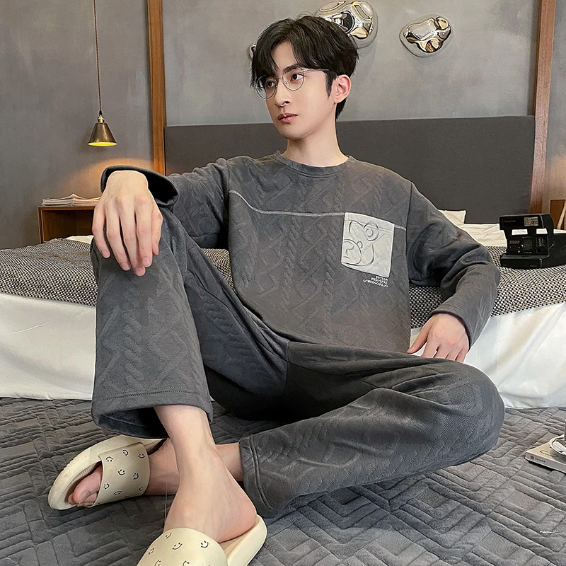 QUHENG Men's Pajamas Autumn Winter Cotton Pijamas Set 2022 New Warm Cartoon Long Sleeve Trousers Two-piece Loose Casual Suit