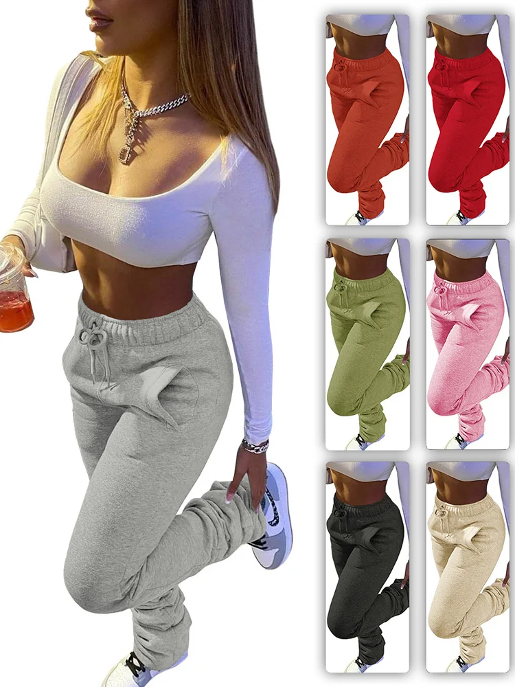 

Wholesale 2022 New Arrivals High Waist Solid Color Thick Pants Legging Women Winter Sweat Women's Trousers Stacked Pants