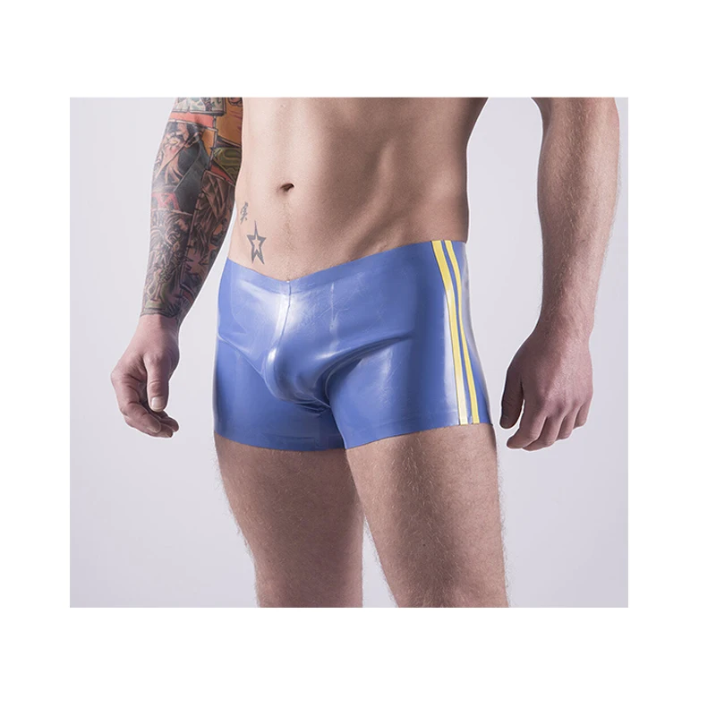 

Latex Rubber Tight Shorts Fetish Men Underwear Briefs Boxer Panties Blue with Yellow Handmade (No Zip)