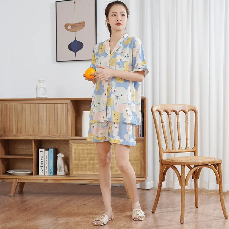 2023 New Pajamas for Women Summer Thin Short-sleeved Shorts Students Cartoon Comfortable Home Service Suit with Turn-over Collar
