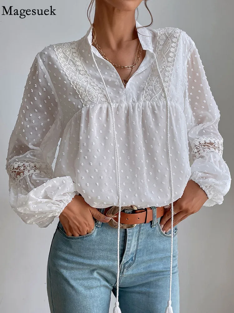 

Блузка женская шифоновая на шнуровке, с длинным рукавом, в офисном стиле