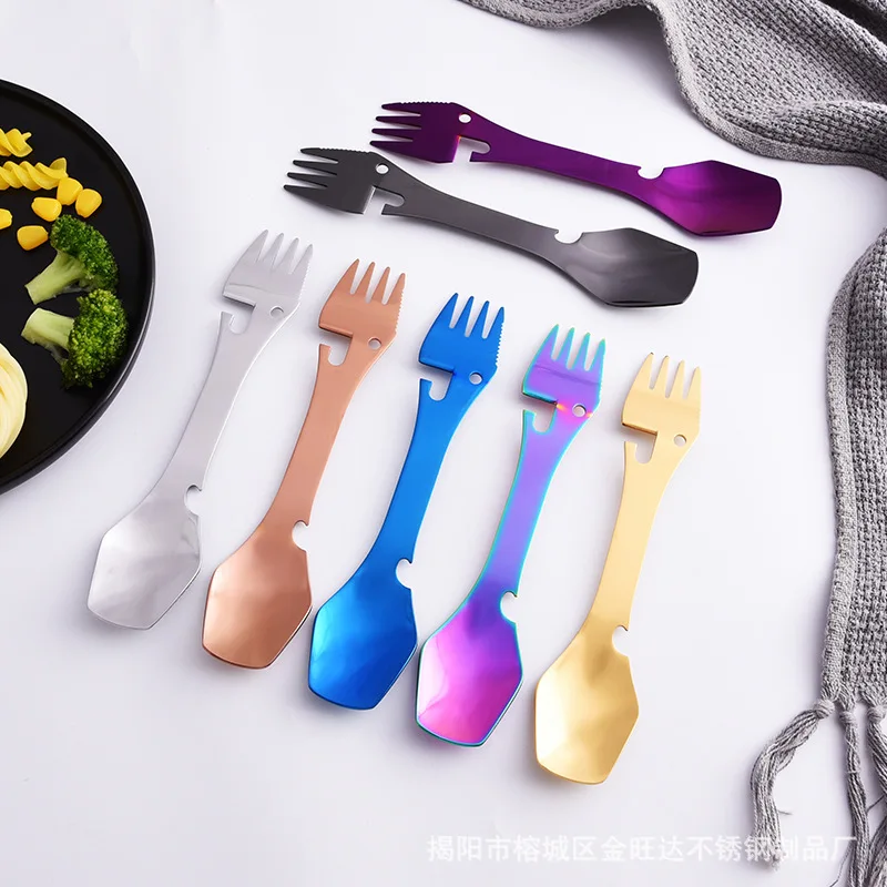 

Outdoor Camping Stainless Steel Multi Function Spoon Fork Tableware Dishware Picnic Cutting Knife Bottle Opener Carabiner