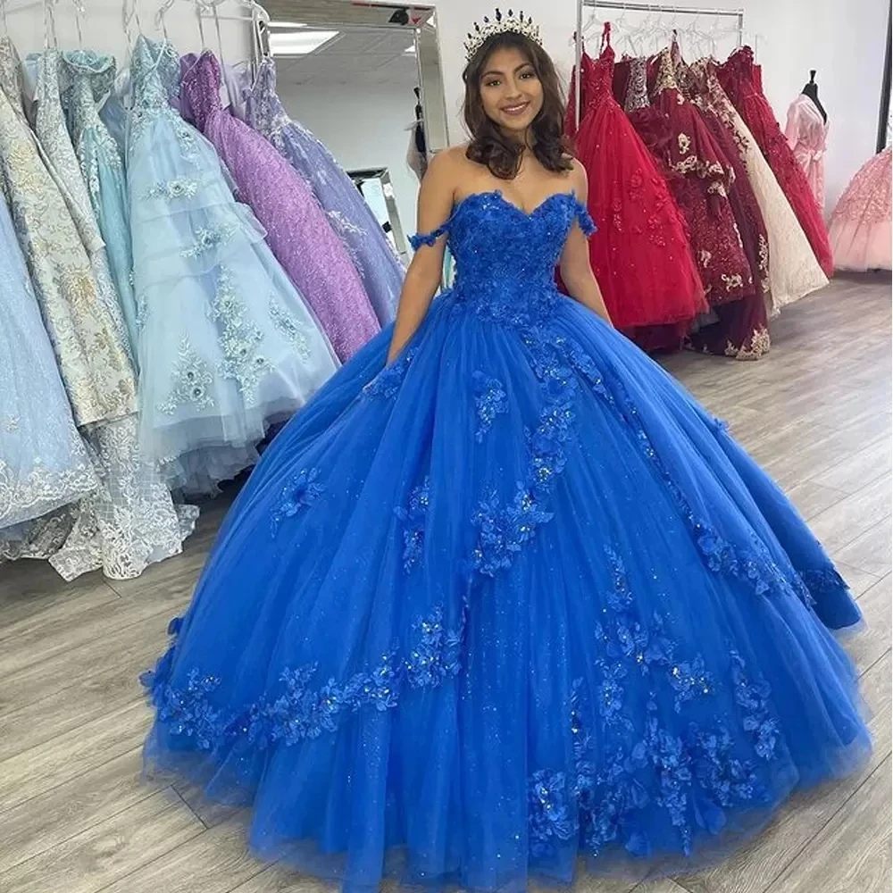 

Royal Blue Quinceanera Dresses Ball Gown Off The Shoulder Tulle Appliques Beaded Puffy Sweet 16 Dresses