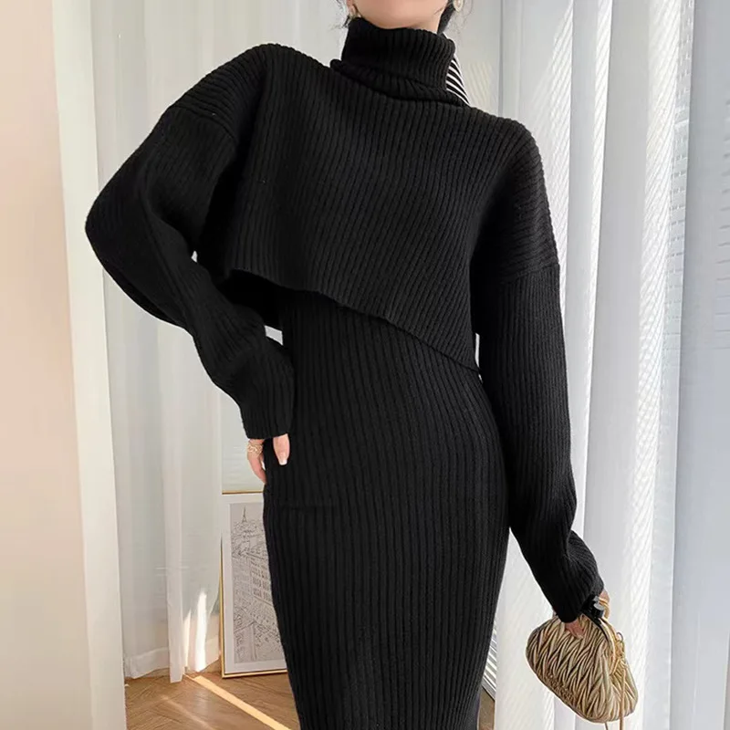 

Y2k Autumn 2 Piece Sets Womens Outfits Turtleneck Pullover Top Dress Knitted Suit Temperament Commuter Suit for Women