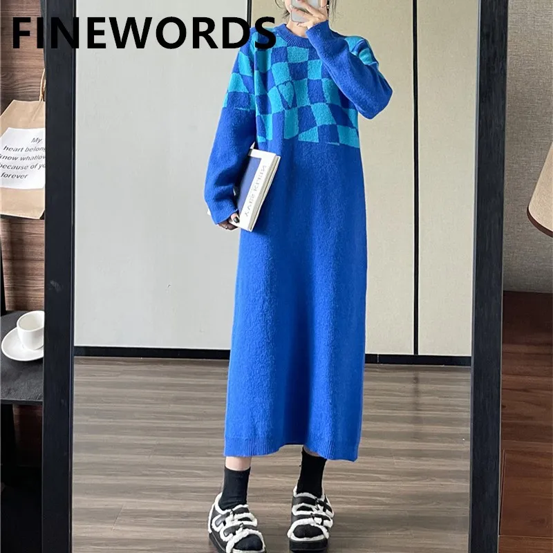 

Зимнее повседневное вязаное клетчатое платье FINEWORDS, осенне-зимнее корейское вязаное платье-свитер с круглым вырезом и длинным рукавом, свободные длинные платья а-силуэта