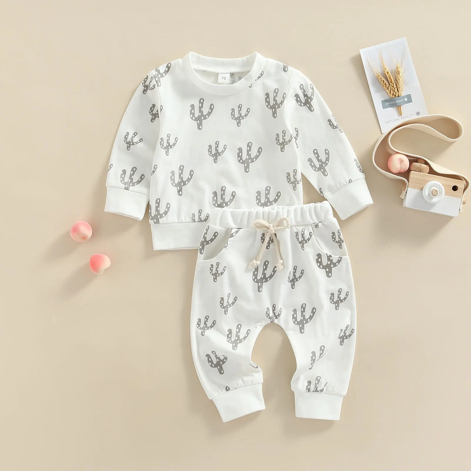 

TR New Autumn Toddler Baby Girls Boys Suit Set Cactus Print Long Sleeve Tops+ Pants Spring Clothes