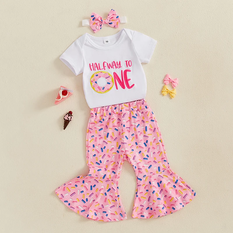 Baby Girl Summer Outfits Letter Donut Embroidered Short Sleeve Romper Flare Pants Headband 3Pcs Clothes Set