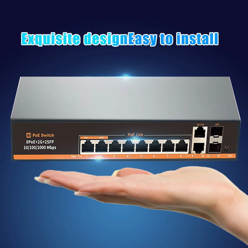 TEROW 12 портов 10/100 Мбит/с переключатель POE 8 + 2 скорости Ethernet с источником питания VLAN