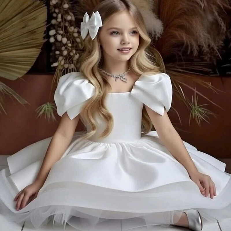 Фото Белое платье Eightree A.Girls' с открытыми плечами и бантом, модное, элитное, для выступлений на фортепиано, для маленьких ведущих, для вечеринок, для принцесс, на заказ №2