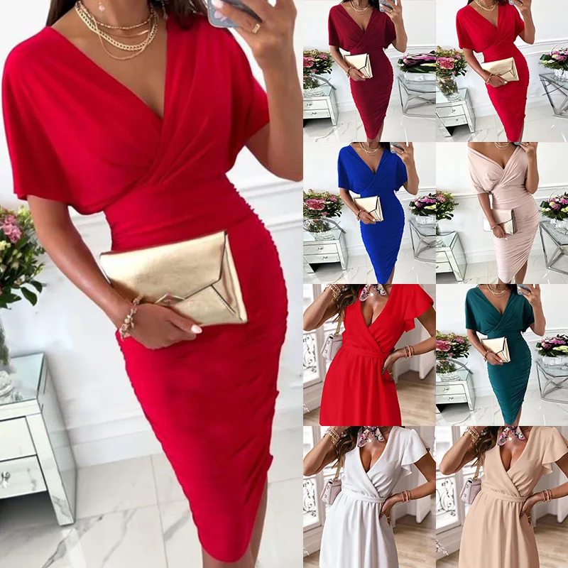 

Women Dress Sexy Spring And Summer Sexy Mid-length Banquet Temperament Solid Color V-neck Slim Short-sleeved Waist Bag Hip Dress