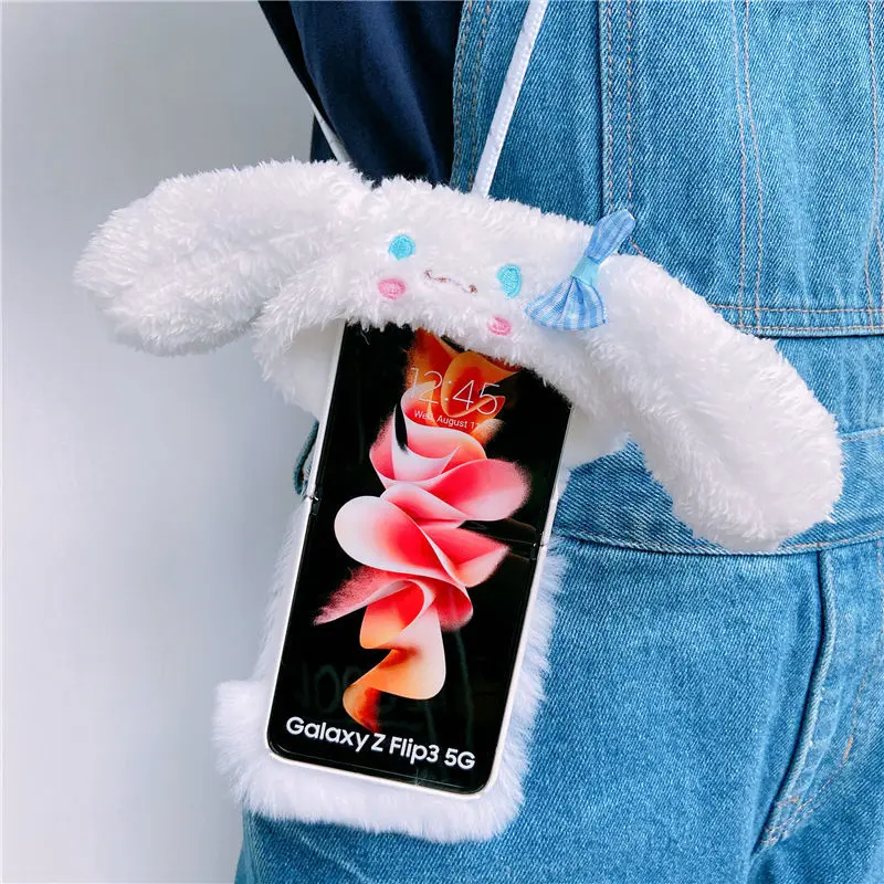 

For Samsung Galaxy Z Flip 3 Case F7110 Case Plush Ear Wrist Strap Cross-Body Lanyard F720f Tide