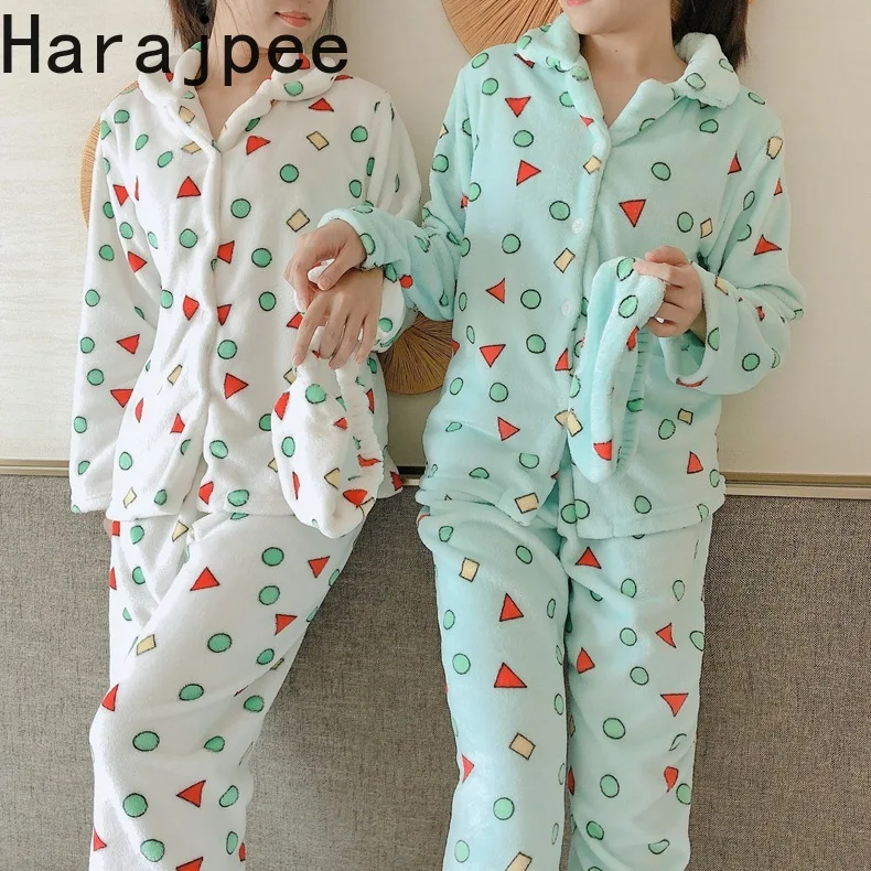 

Harajpee Women Pajama 2022 Winter Korean Simple Casual Leisure Style Cartoon Geometric Thickened Flannel Padded Home Wear Suits