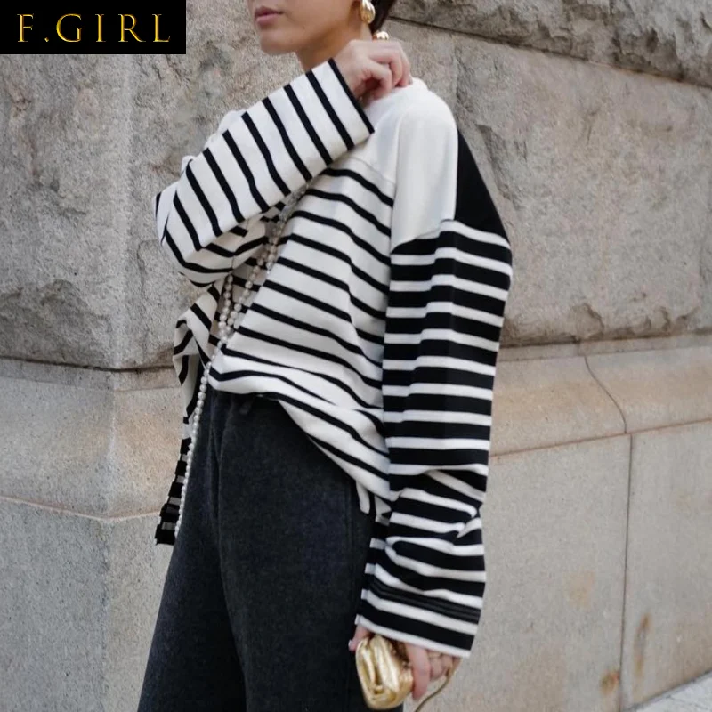 

F GIRLS Fashion Casual Hit Color Stripe Y2k Tops Loose O Neck Long Sleeve Tees Simple T Shirt Spring 2023 Clothes Women